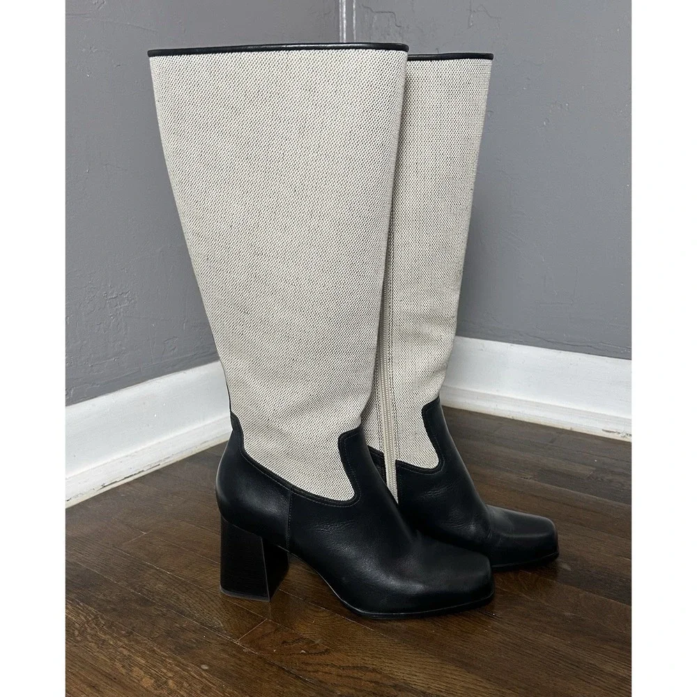 Reformation Frederique Knee High Boots in black and oatmeal canvas Size 8.5